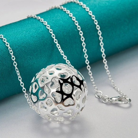 Hollow Heart Ball Sphere Pendant Silver Necklace & 18" Chain - Picture 3 of 9